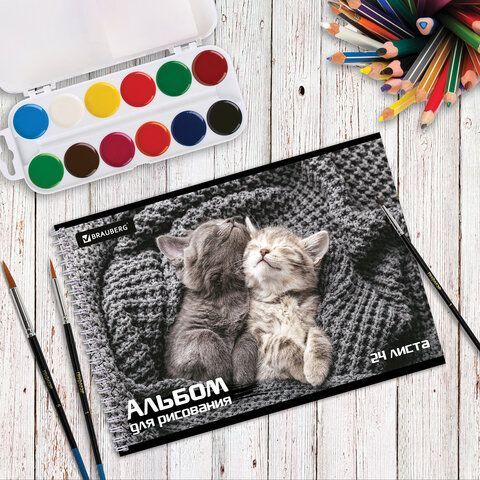 Альбом для рисования 24л А4 гребень обложка картон BRAUBERG Питомцы 1/10/40