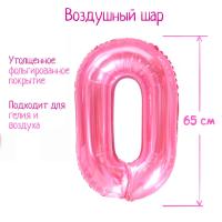 Шар фольгированный Цифра 0 65см прозрачно-розовый 1/25/600
