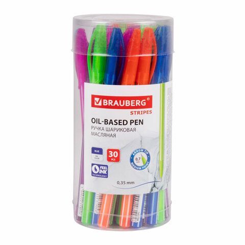 Ручка шариковая масляная BRAUBERG STRIPES СИНЯЯ корпус ассорти узел 0,7мм линия 0,35мм 1/30