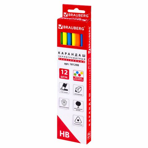 Карандаш ч/гр HB с ластиком трехгранный корпус неон ассорти Brauberg 1/12/2880