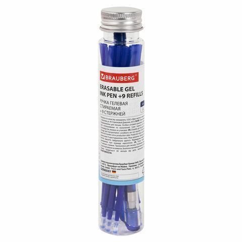 Ручка гелевая синяя 0,35мм + 9 стержней стираемая BRAUBERG 1/20